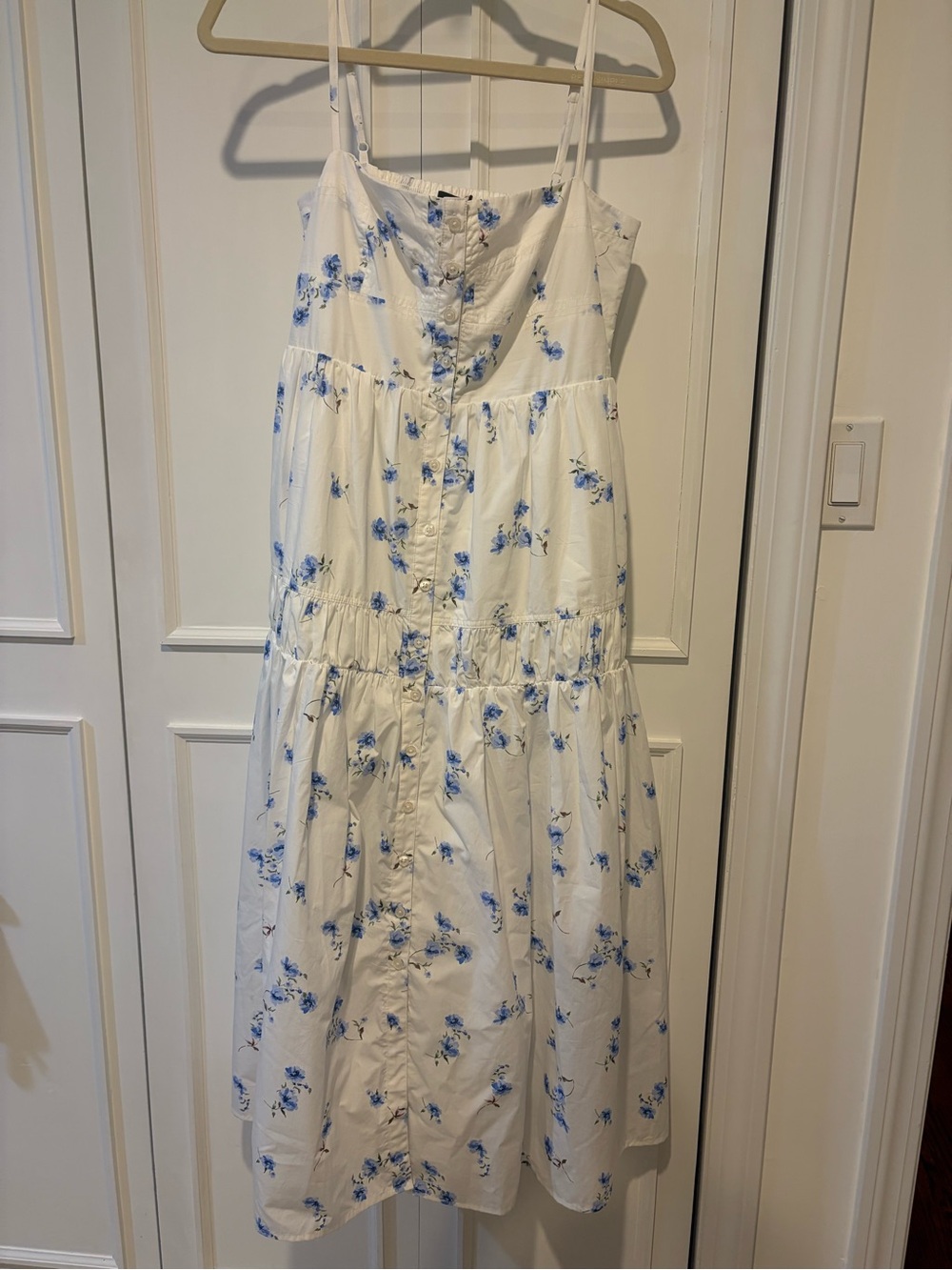 Quince White Maxi Dress with Blue Floral Print